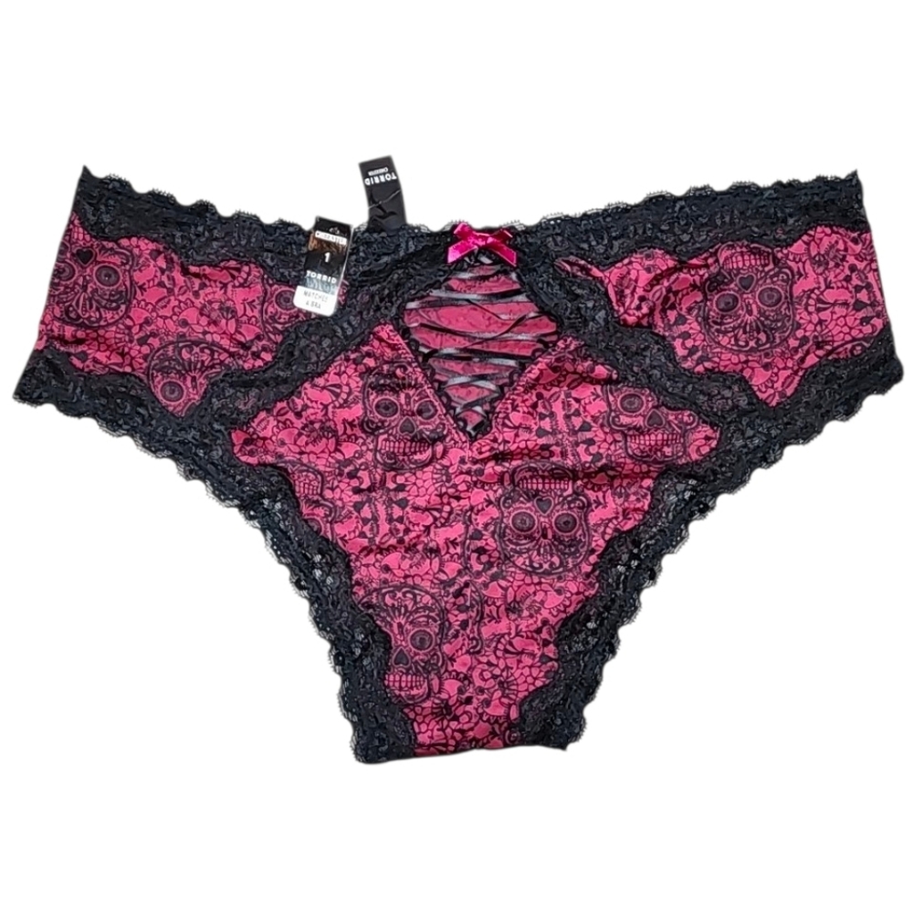 Torrid Satin Cheekster Burgendy & Black Skull Lace Trim Panties New with Tags - Picture 5 of 11